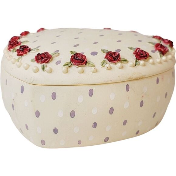 Vintage Large Heart Shaped Lidded Trinket Box With 3D Flowers Hand Painted - Picture 2 of 14